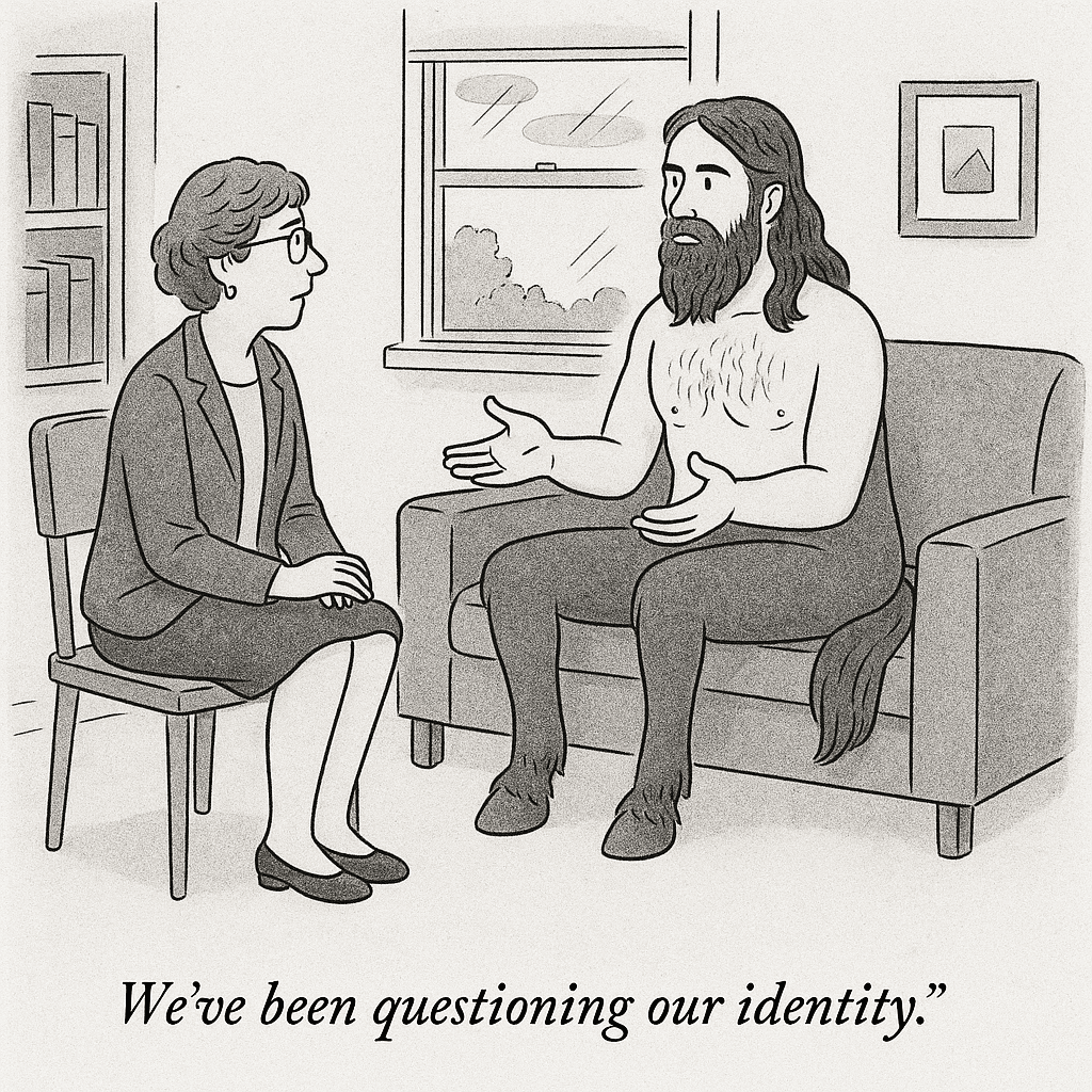 Shirtless bearded man talks to therapist on couch.