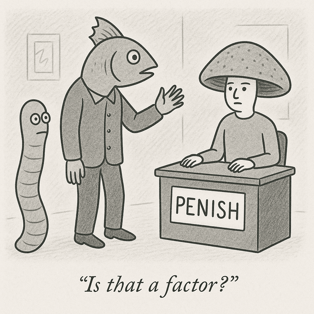 Fish man and worm visit mushroom-headed desk clerk.