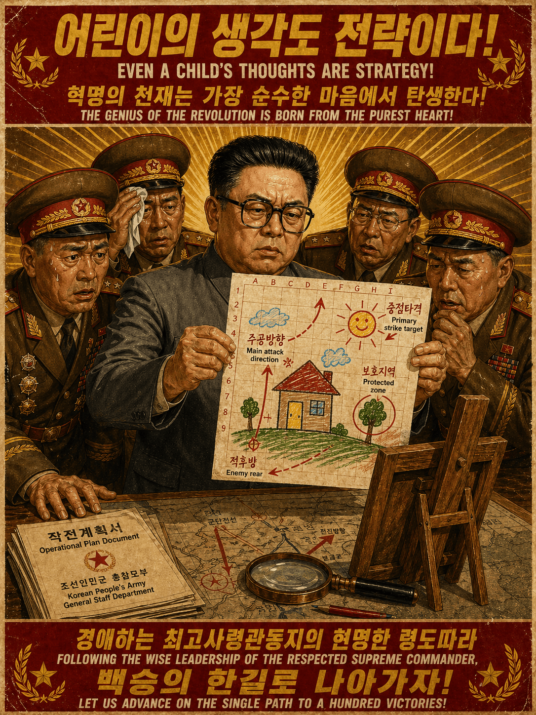 Generals study child's crayon drawing as military strategy document.