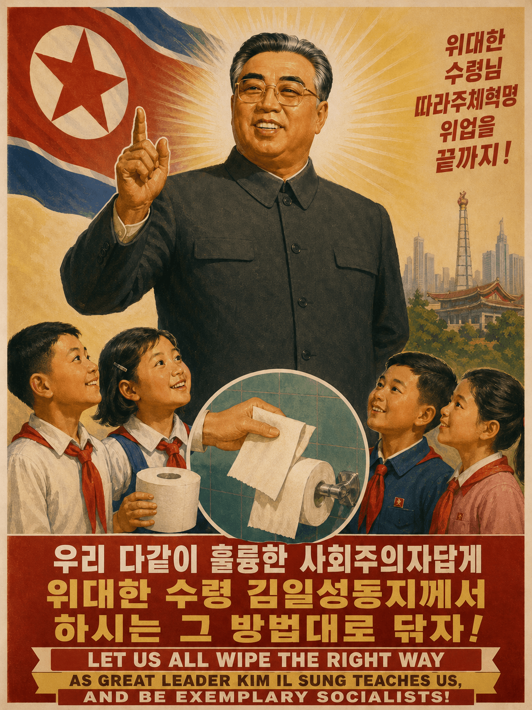 North Korean propaganda poster featuring Kim Il Sung and toilet paper.