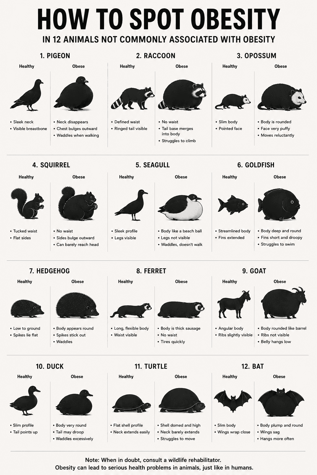Infographic comparing healthy and obese versions of twelve animals.