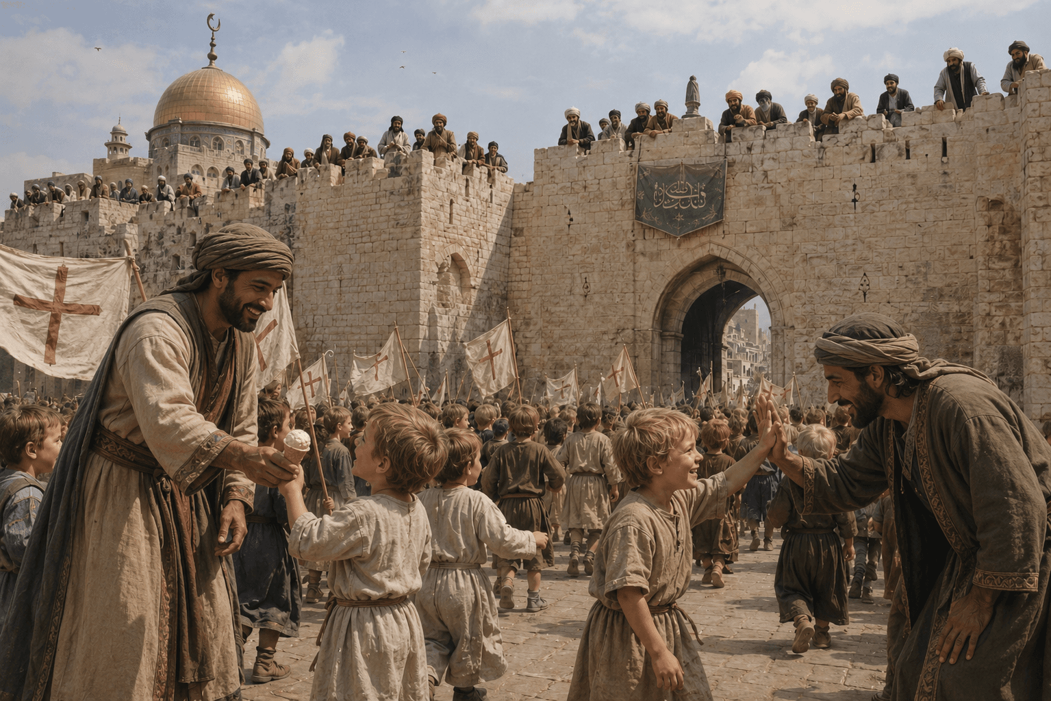 Men in robes greet children near an ancient city gate.