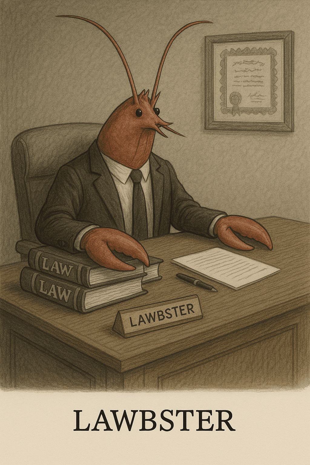 Anthropomorphic lobster attorney sits at a law desk.
