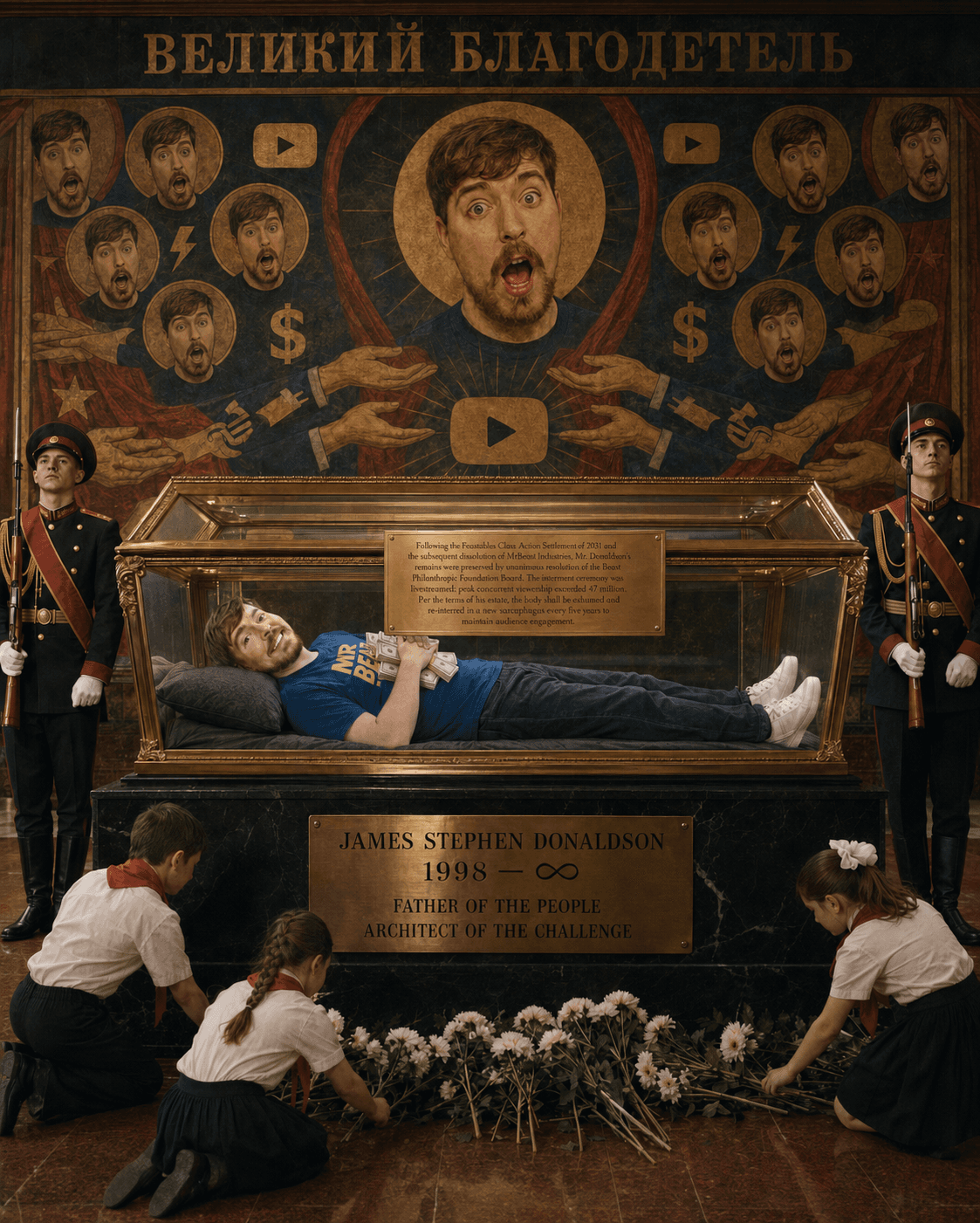Man lying in glass tomb, Soviet-style mural behind him.