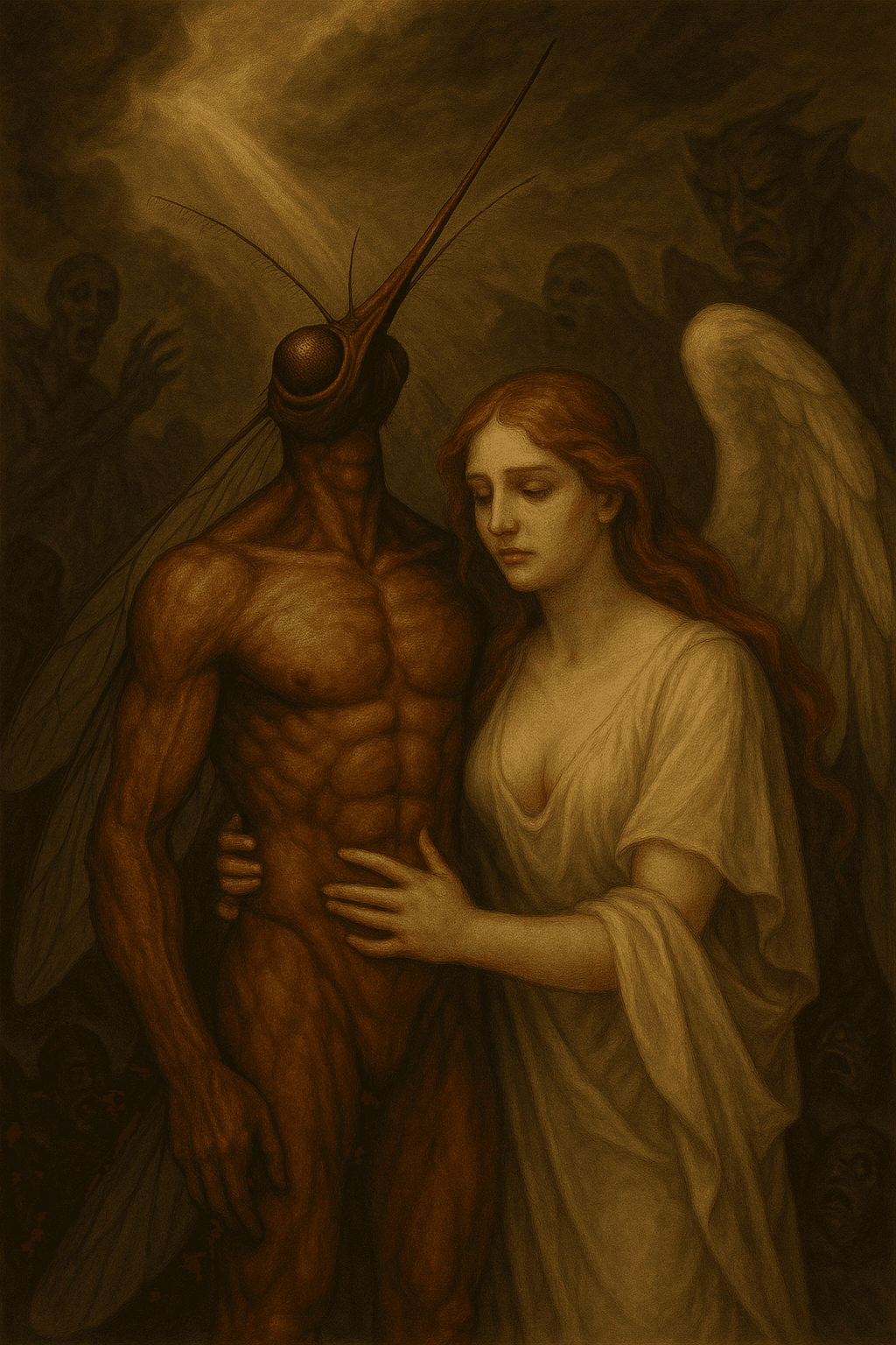 An angel in white embraces a dark insect-headed figure.