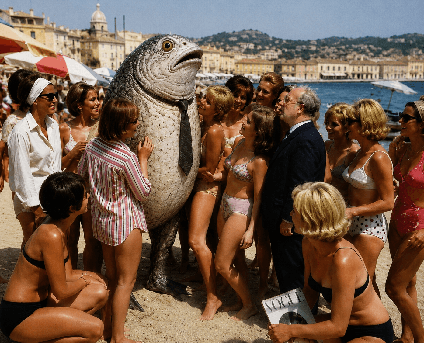 A giant fish costume mingles with bikini-clad beachgoers.