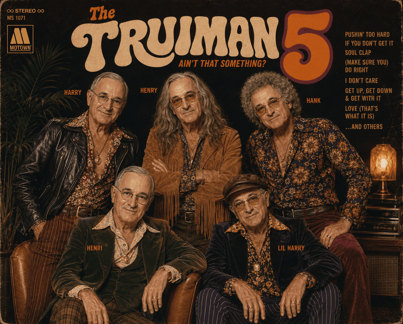 Five elderly men pose for a vintage Motown album cover.