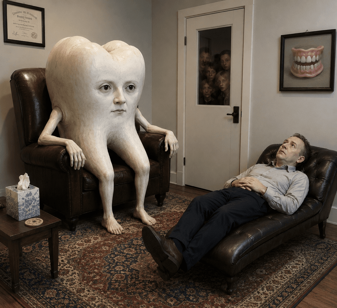 A man reclines while a giant humanoid tooth sits opposite.