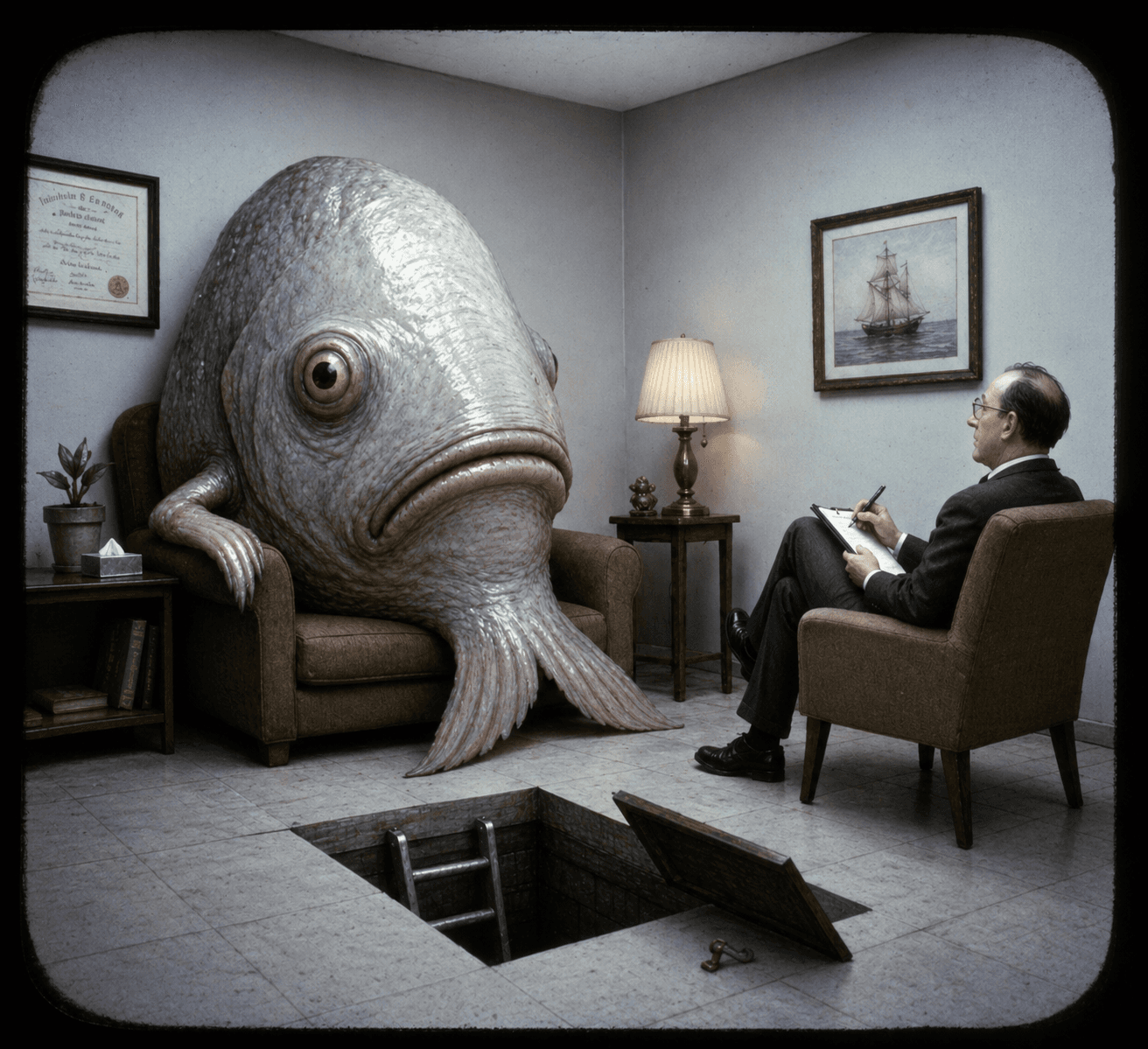 Giant fish sits in therapist's office on armchair.