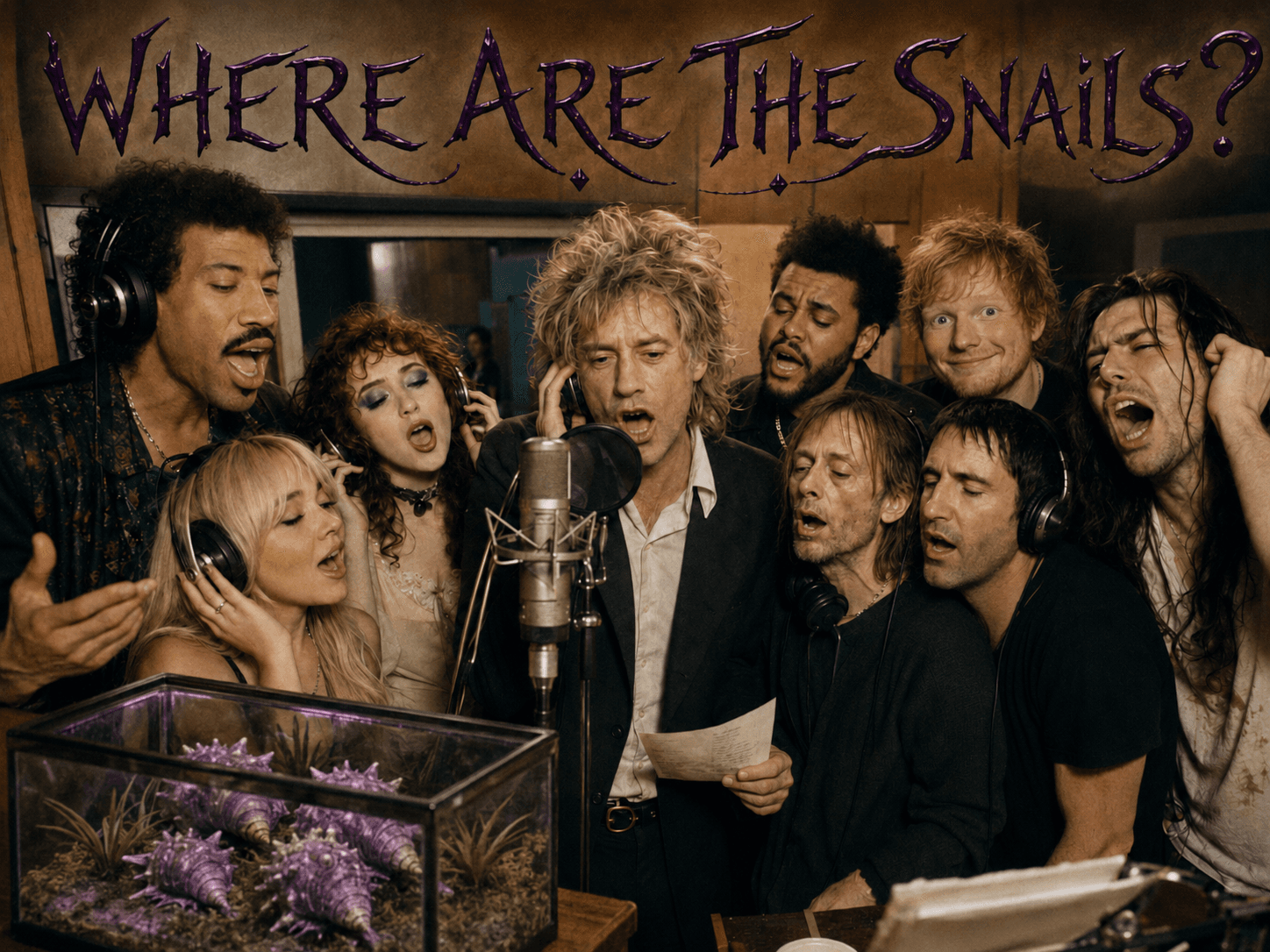 Group of singers recording in a studio with purple snails.