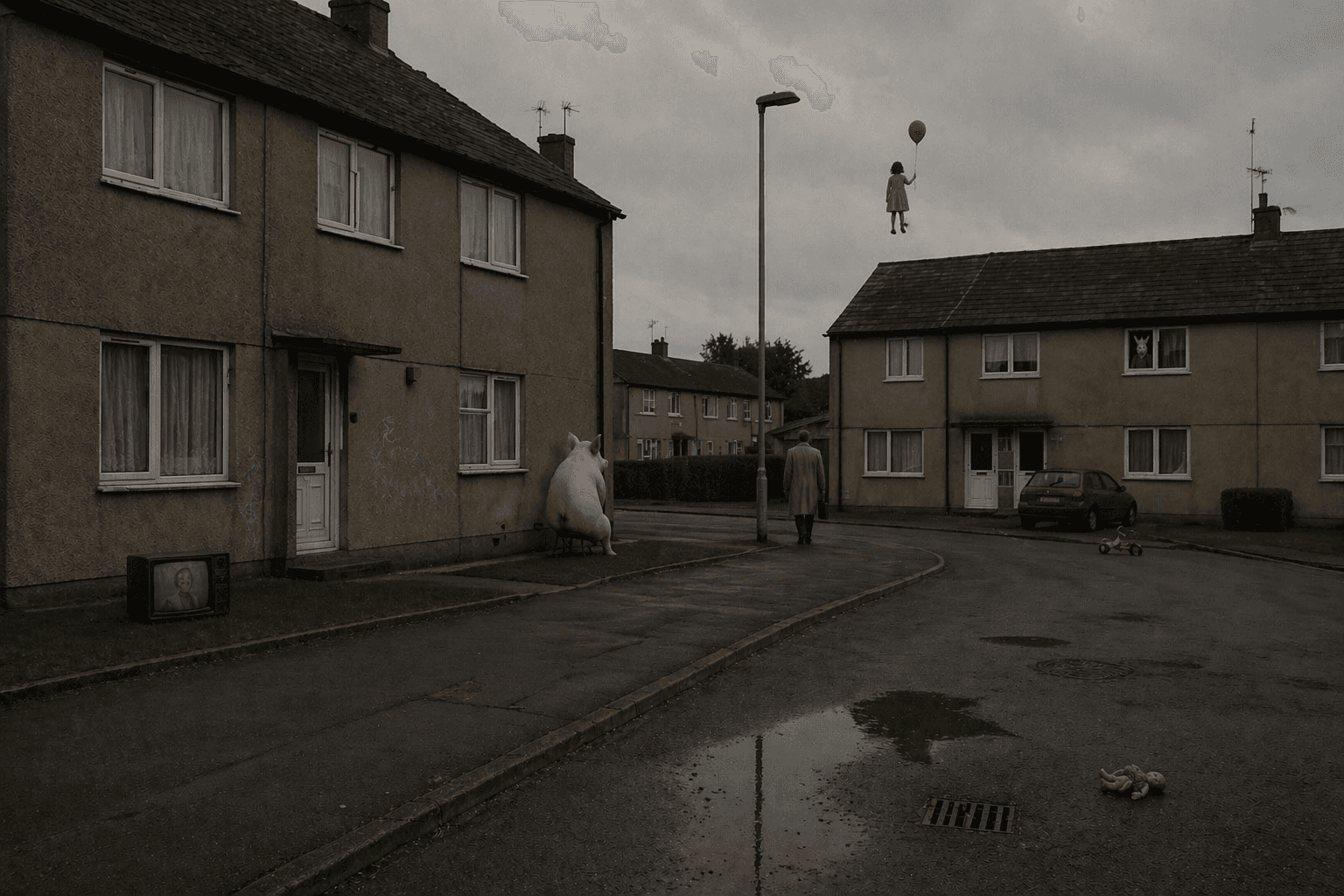 Girl floats with balloon above grey housing estate street.