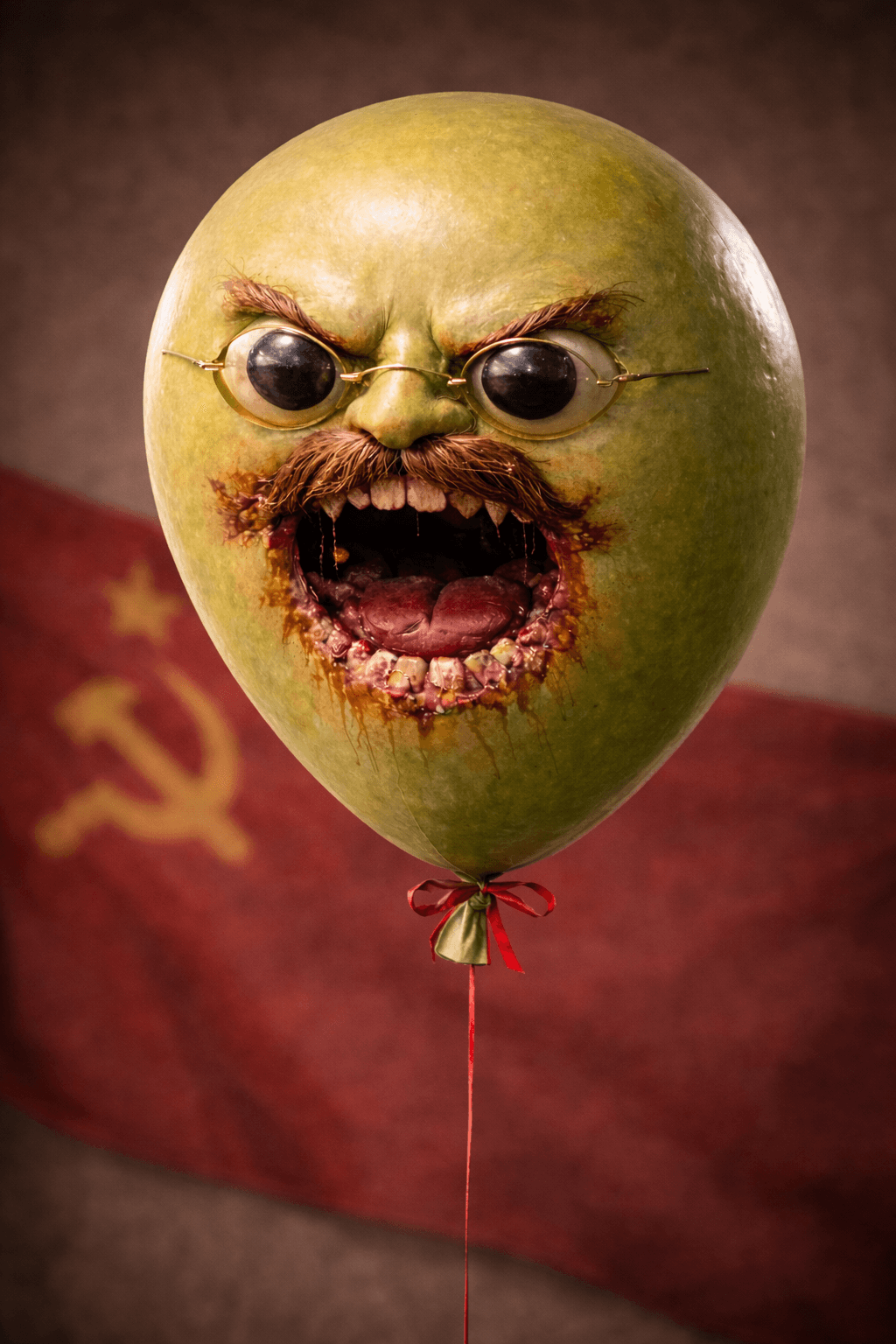 Green balloon with a grotesque human face and round glasses.
