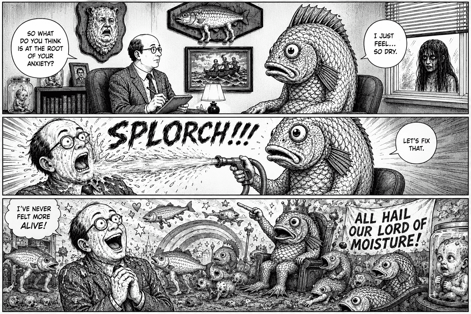 Fish therapist sprays doctor, fish cult worships him.