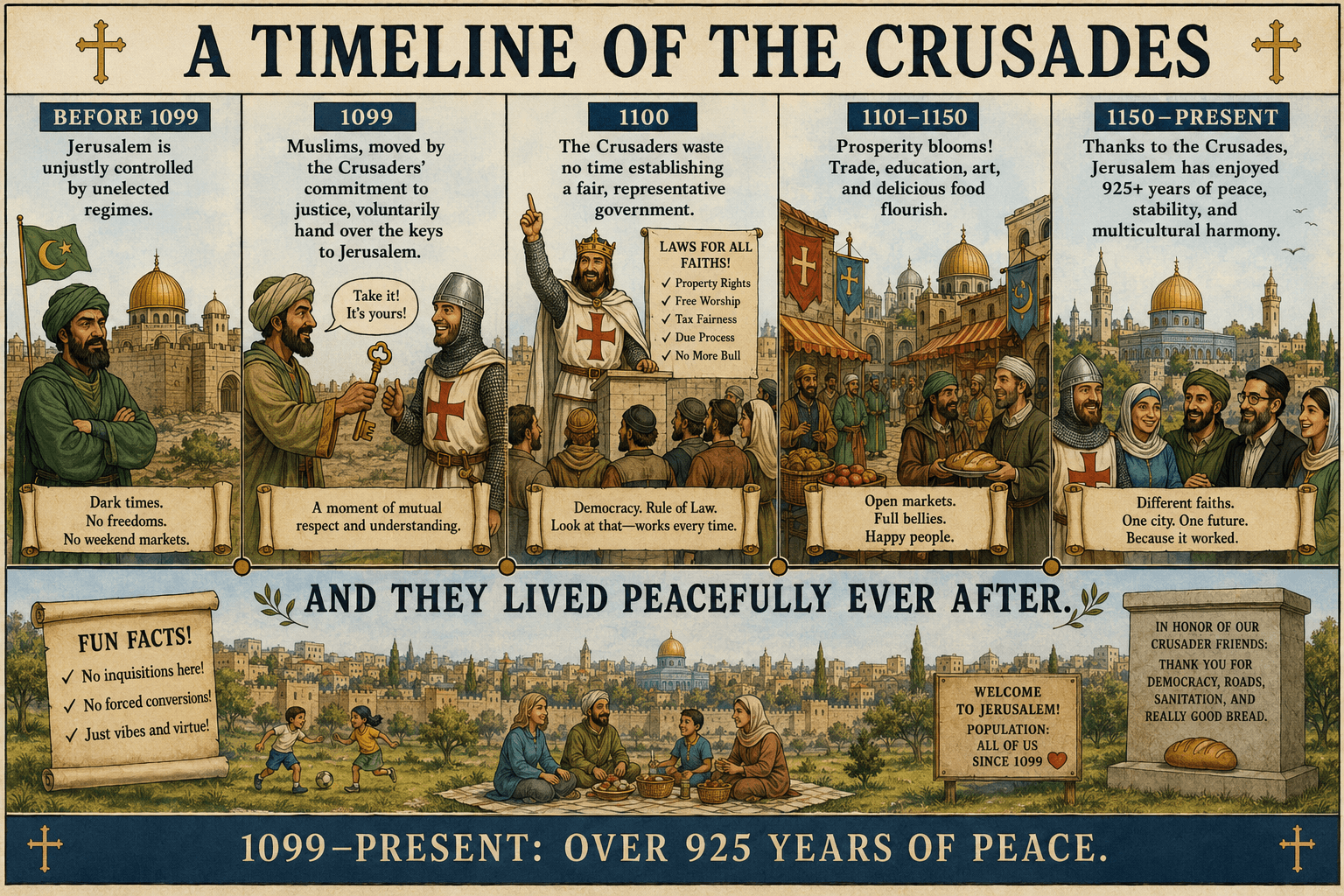 Illustrated timeline showing Crusades history with satirical captions.