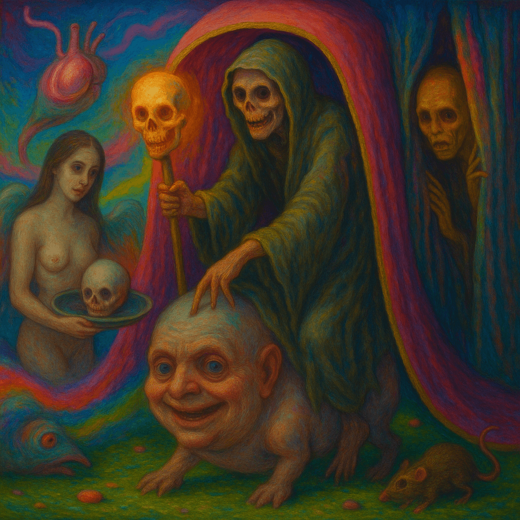 Skeleton figure holds skull staff over crawling creature.