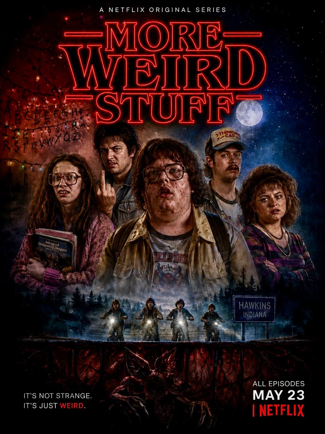 Stranger Things parody poster titled More Weird Stuff, Netflix.