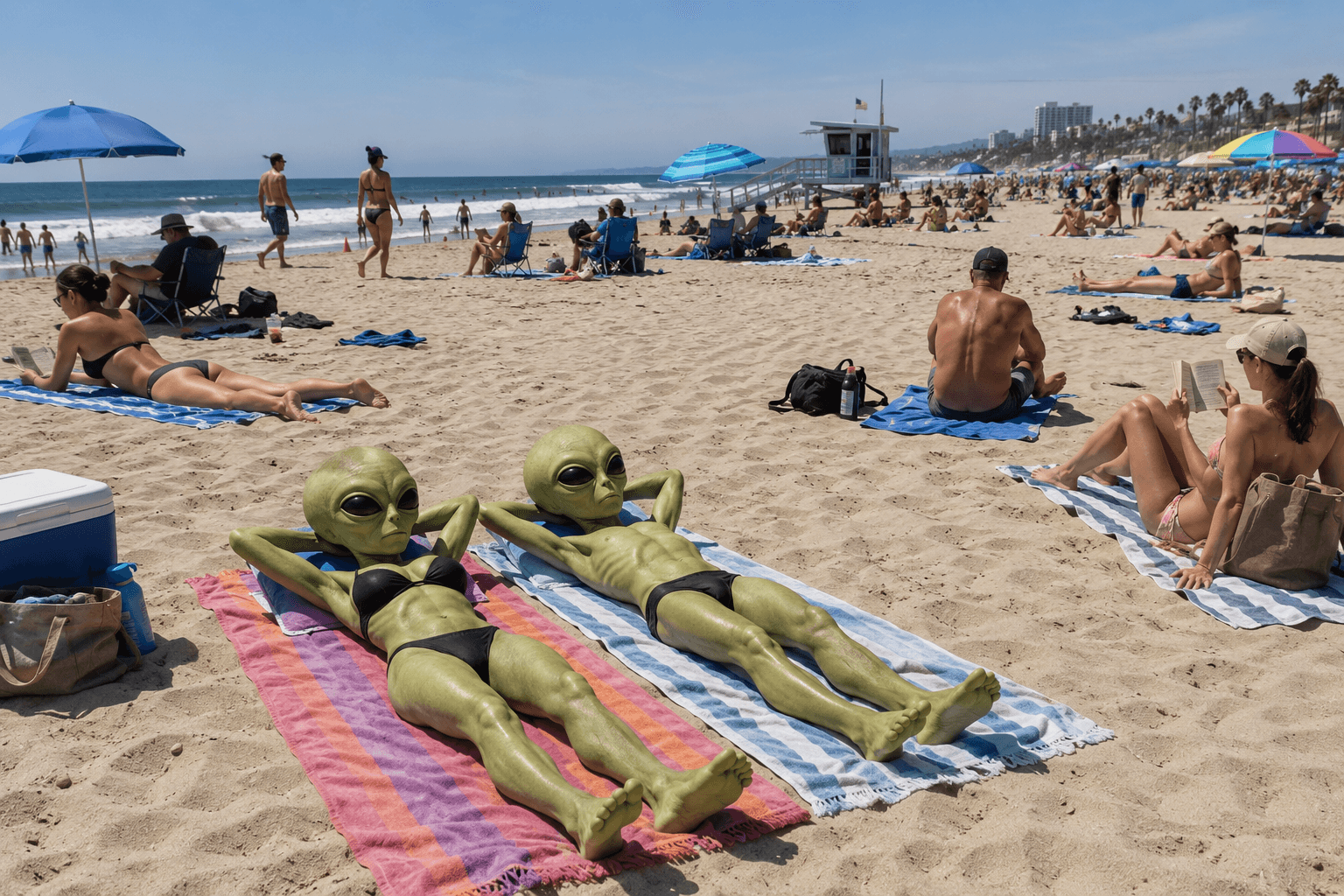 Two green alien figures sunbathing on a crowded beach.