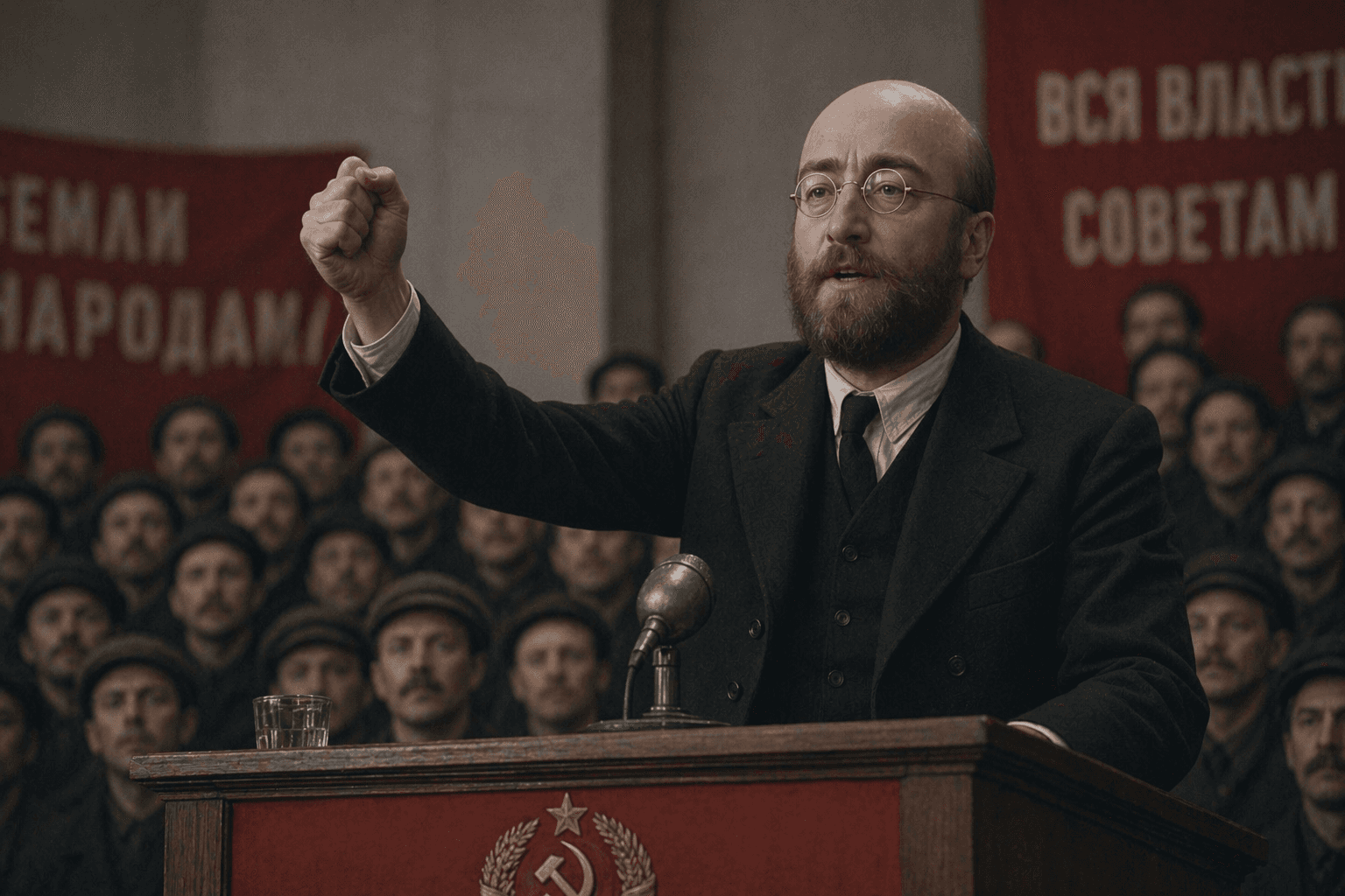 Bald bearded man speaks at Soviet-era podium, fist raised.