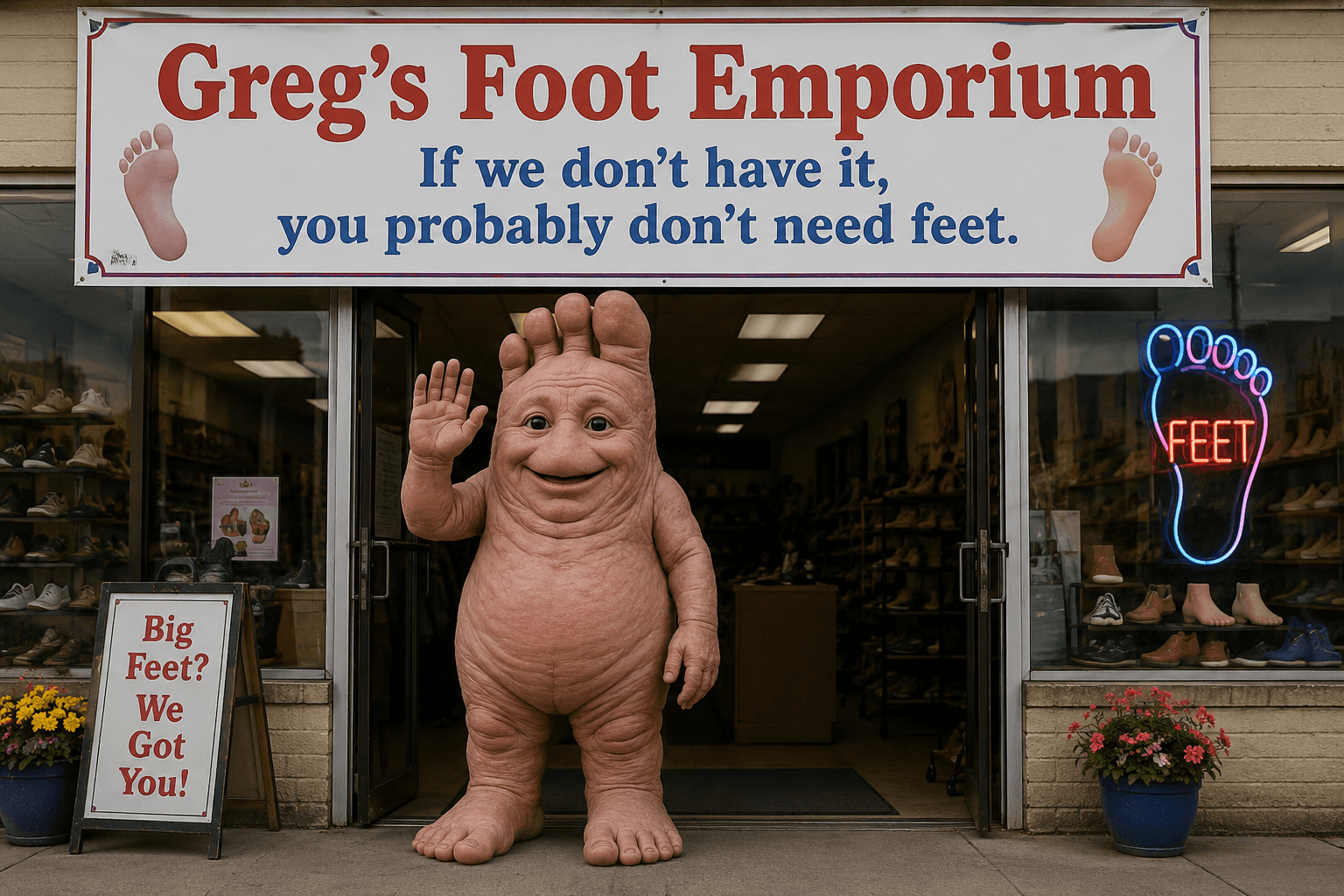 Foot-shaped mascot waves outside Greg's Foot Emporium store.