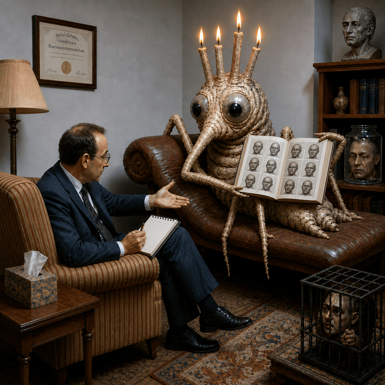 A man takes notes while a creature holds a book.