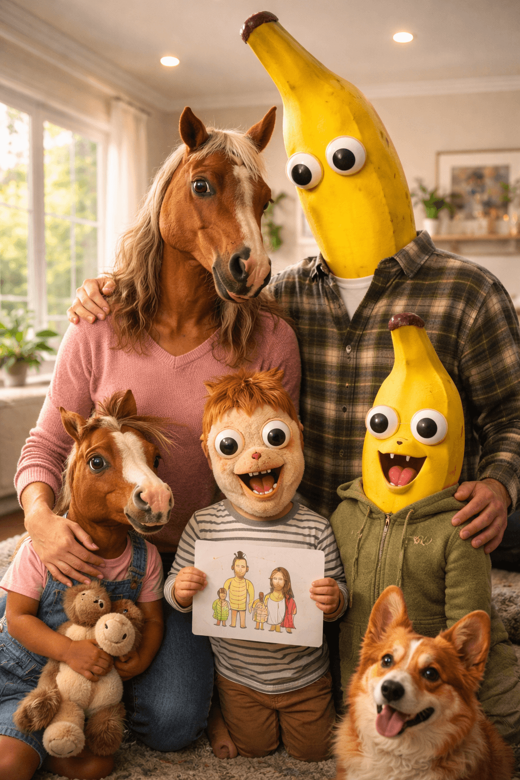 Family poses with horse, banana, and creature costume heads.