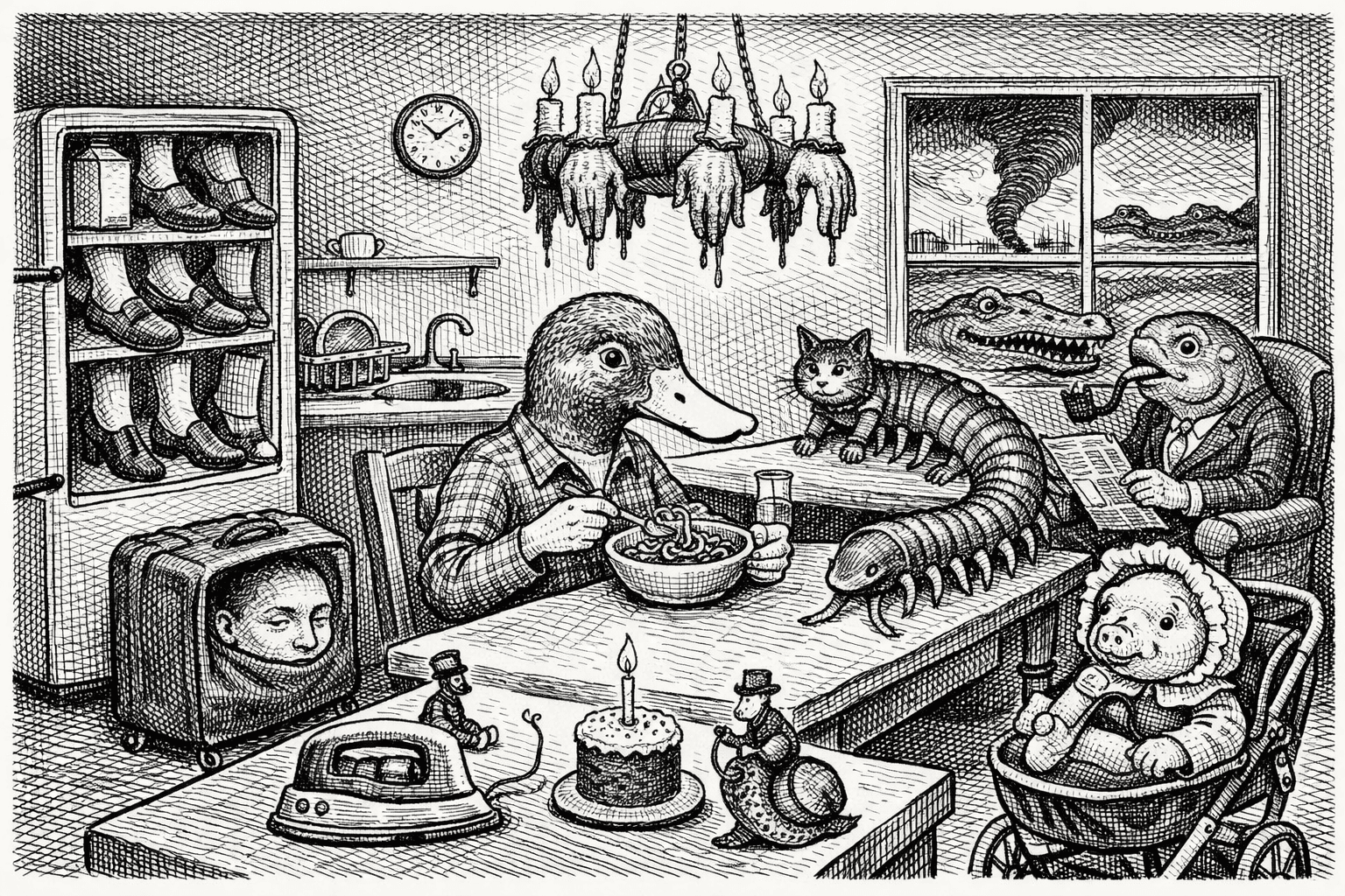 Surreal ink drawing of animal-headed figures dining together.