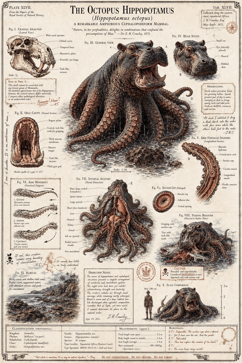 Fake Victorian naturalist plate depicting a hippo-octopus hybrid creature.