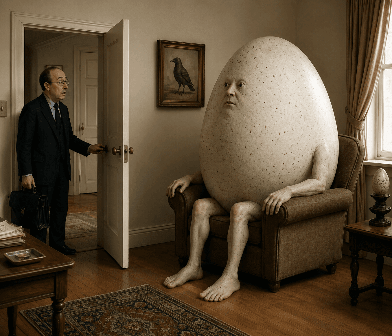 A giant egg creature with limbs sits in armchair.