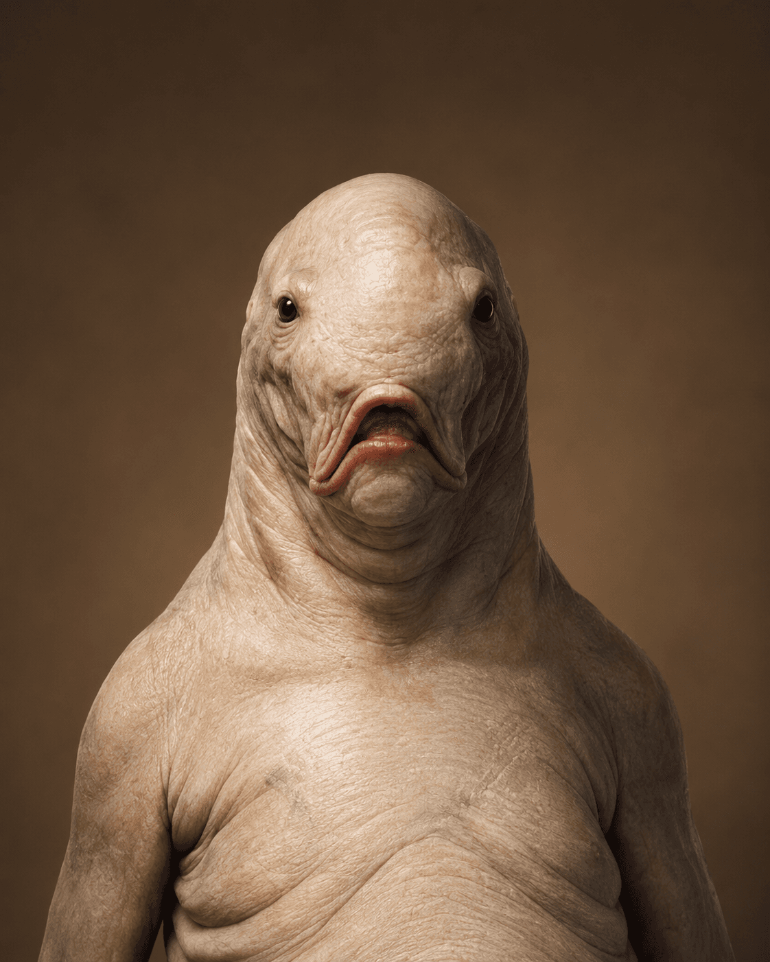 Humanoid creature with fish-like face, hyper-realistic CGI render.