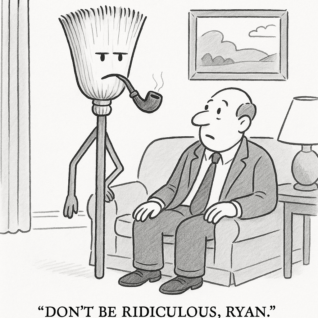 Animated broom scolds seated man in living room.