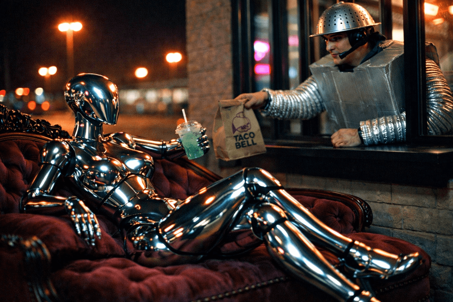 Chrome robot receives Taco Bell bag at drive-through window.