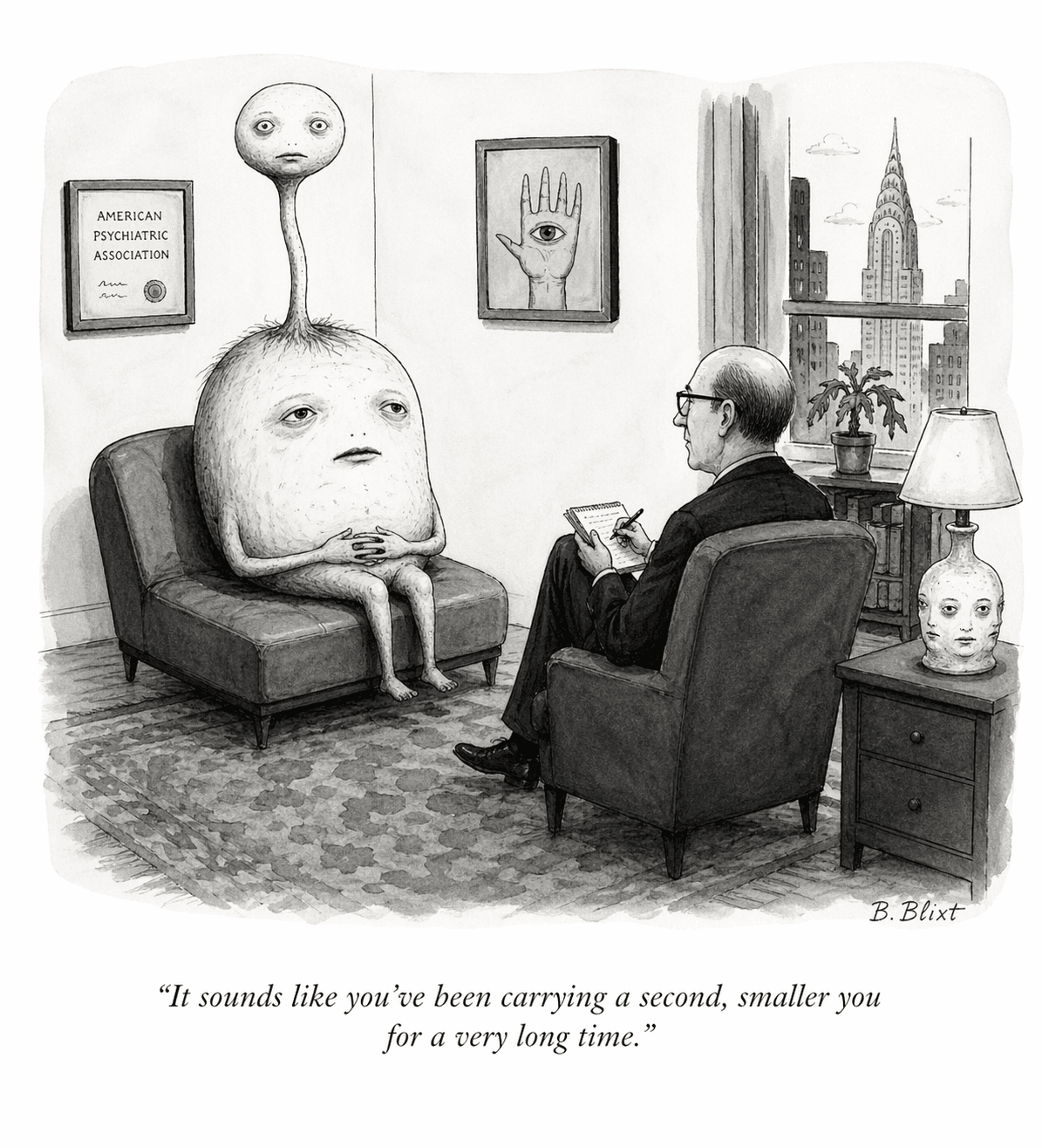 Man takes notes while potato sits on couch.