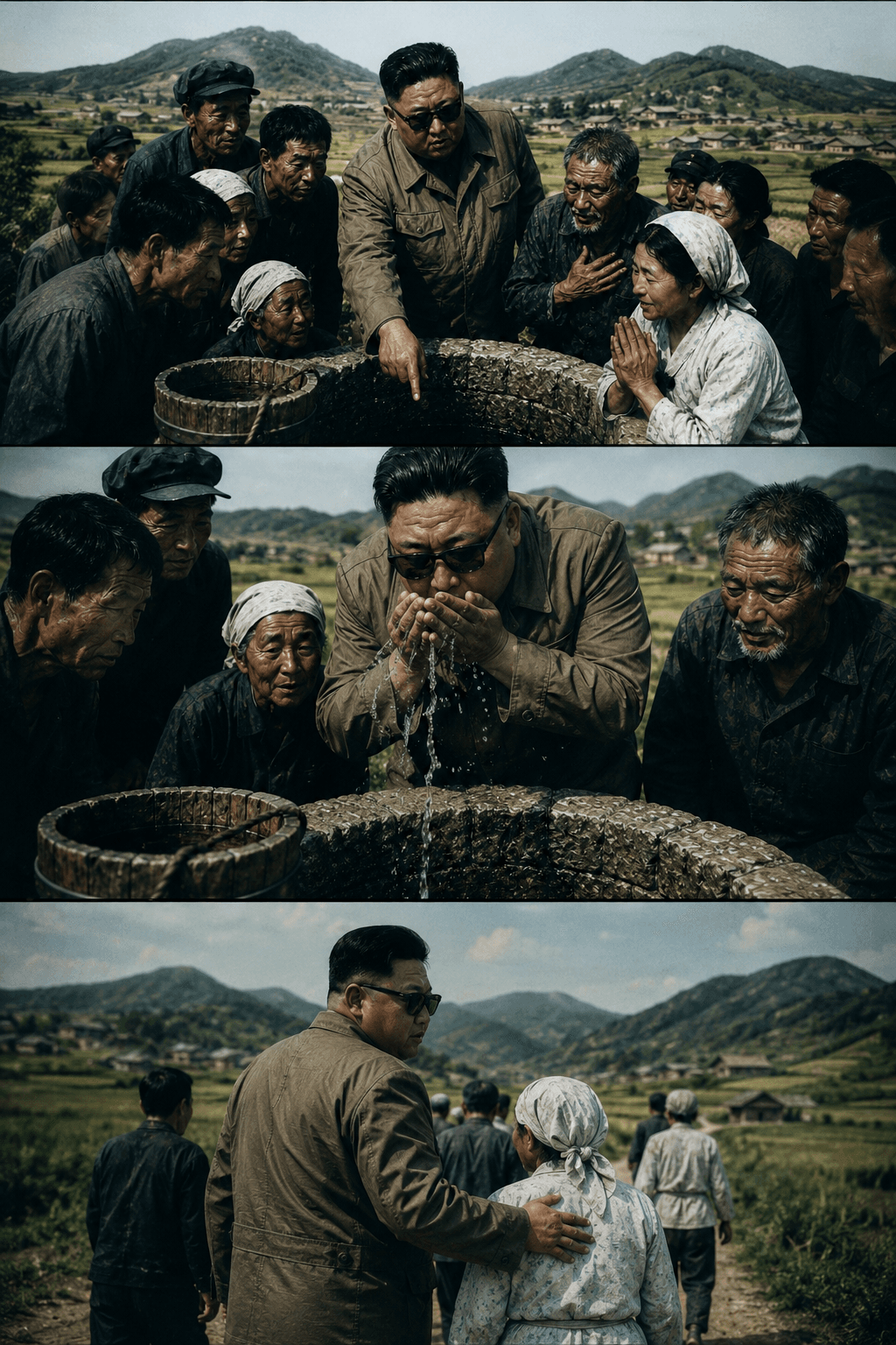 Man in glasses drinks from stone well among villagers.