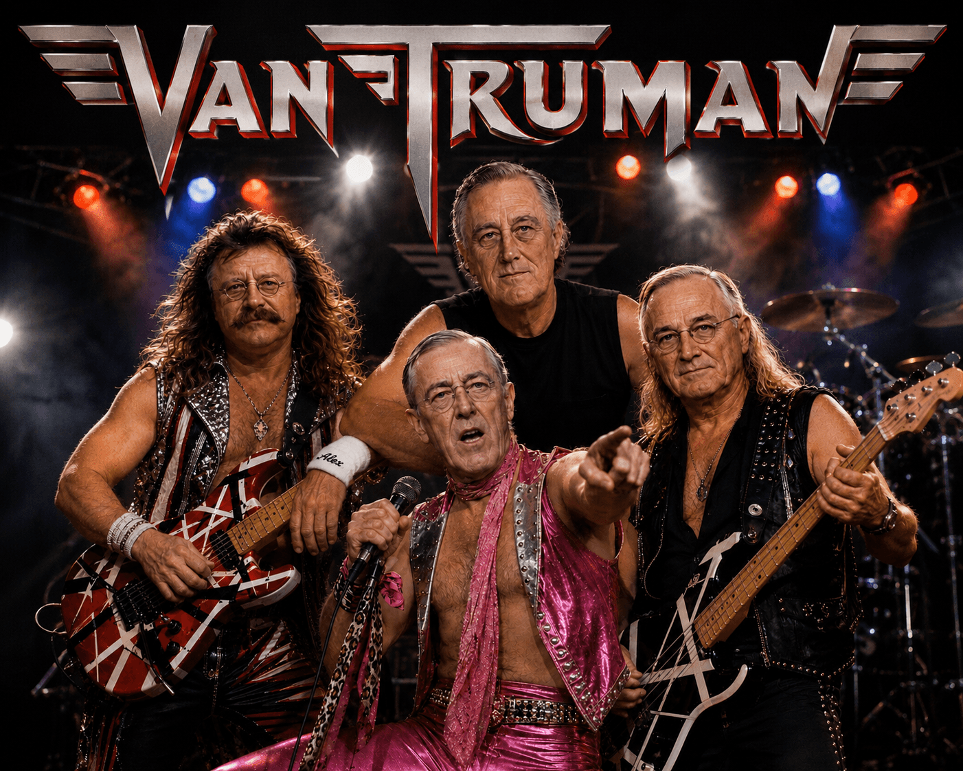 Four older men pose as a rock band called Van Truman.