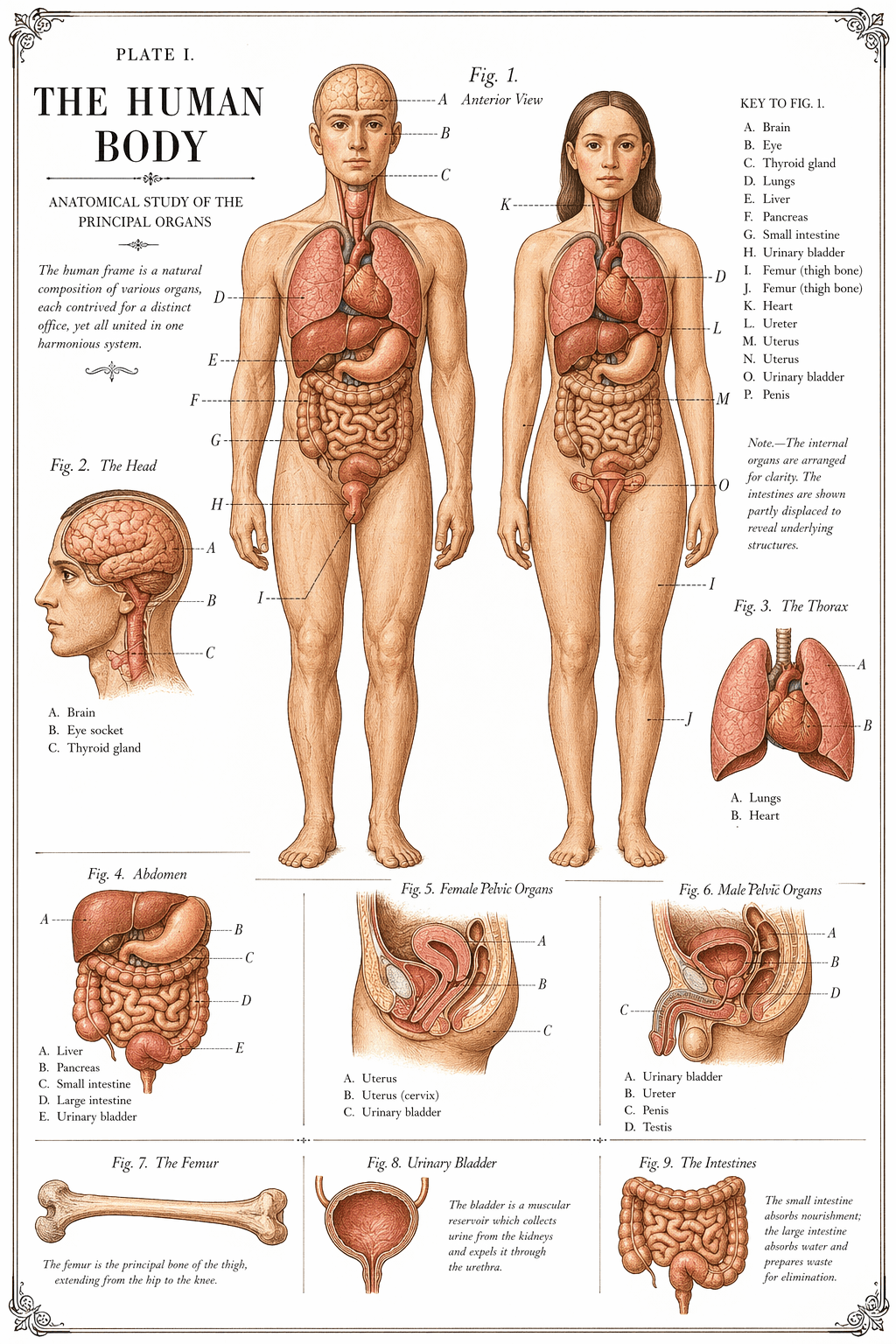 Vintage anatomical chart showing human organs, anterior view.