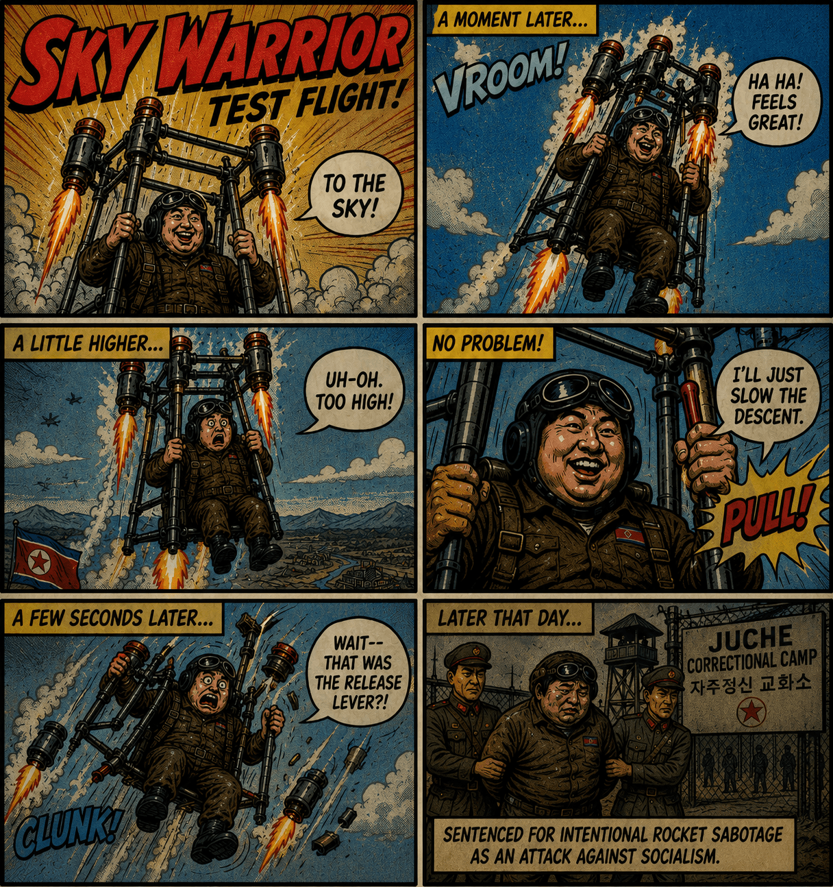 Six-panel comic strip about a rocket pack test flight gone wrong.
