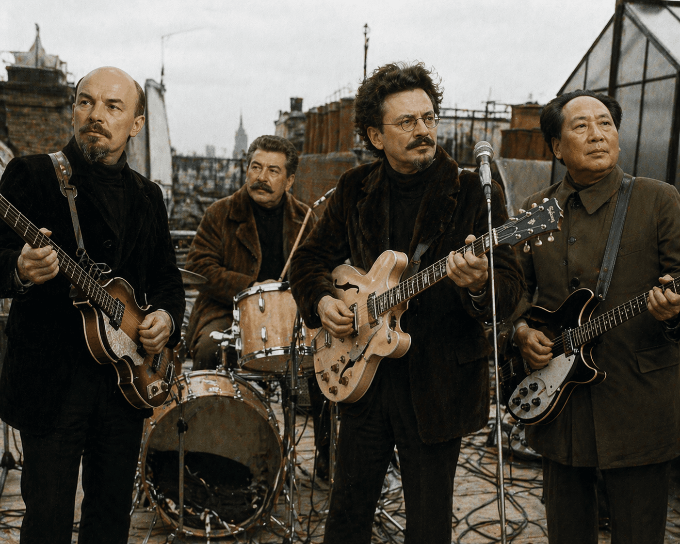 Four men playing guitars and drums on a rooftop.