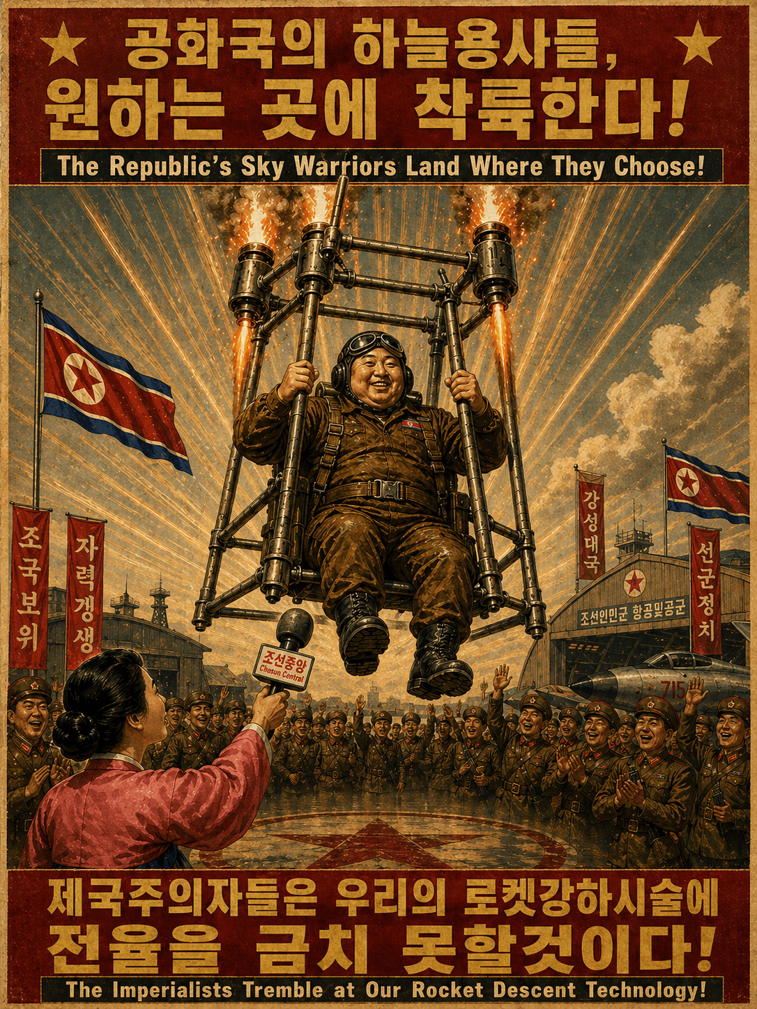 Propaganda poster shows soldier riding rocket-powered descent frame.