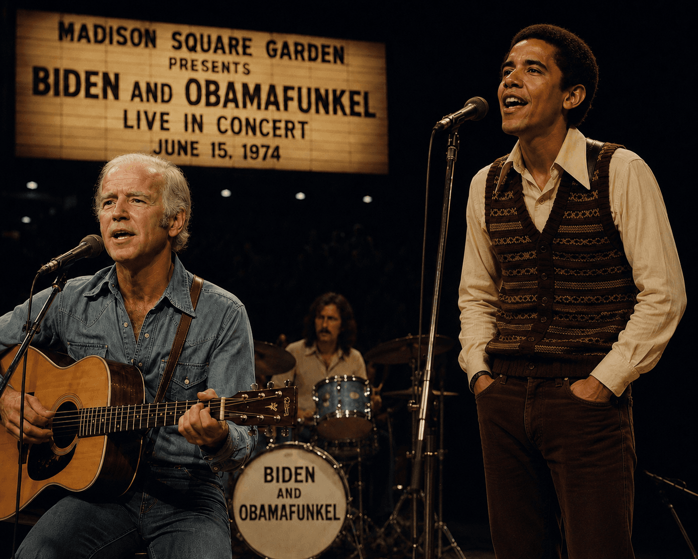 Two men perform on stage with guitars and microphones.