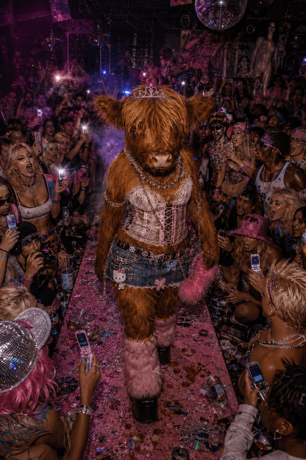 A Highland cow costume walks a pink runway in a crowd.