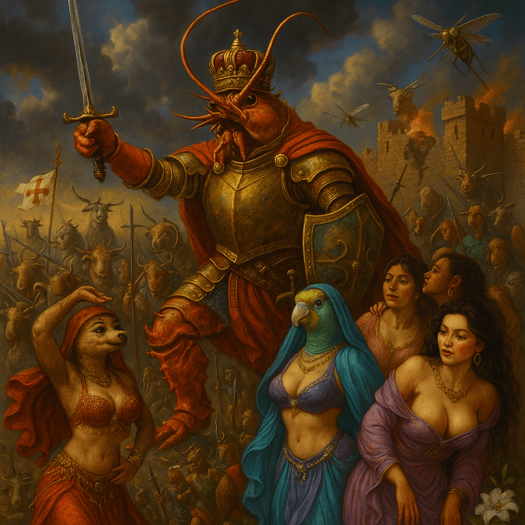 Armored lobster king leads battle with sword and shield.