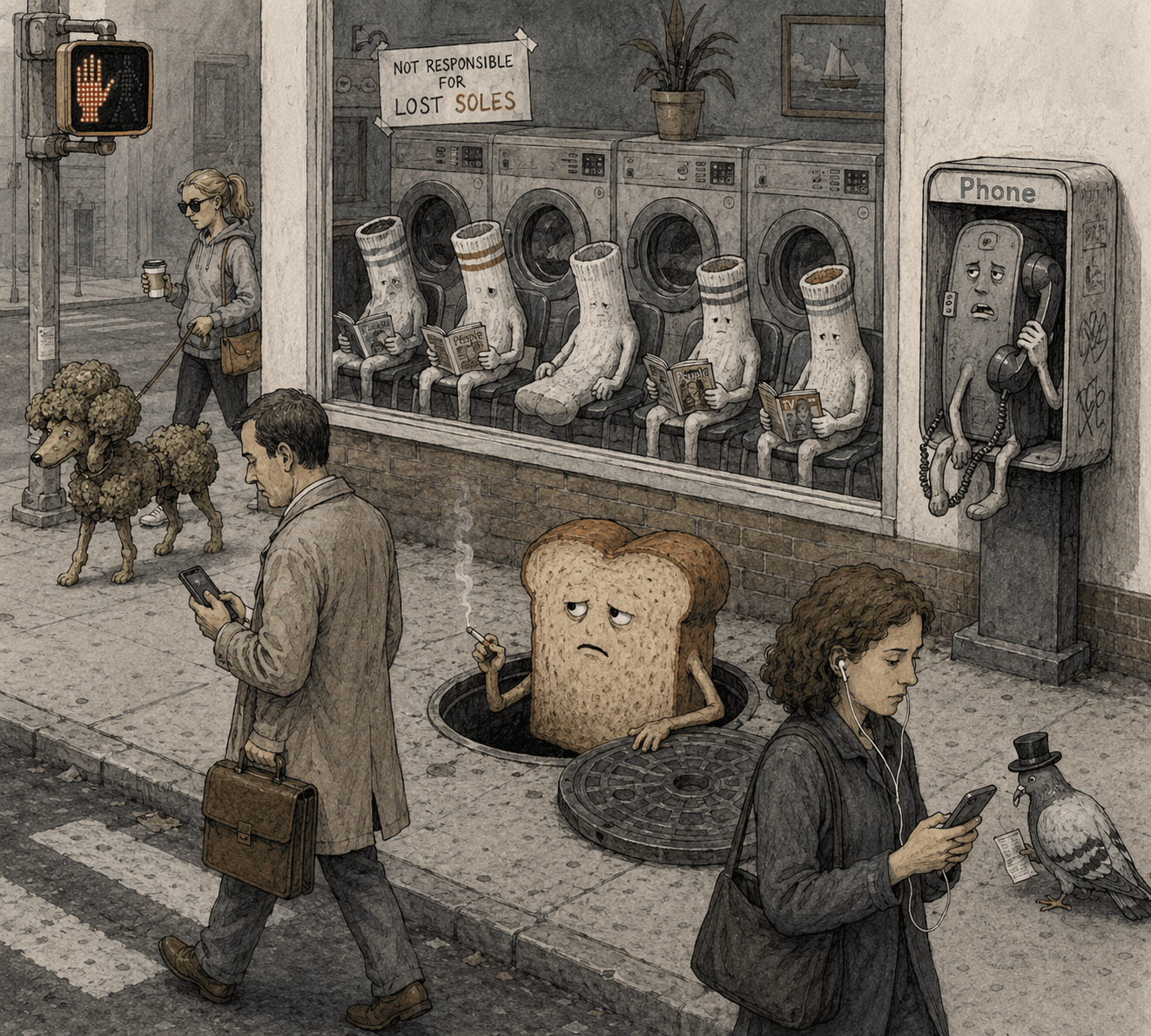 Animated socks wait in laundry, toast smokes through manhole.