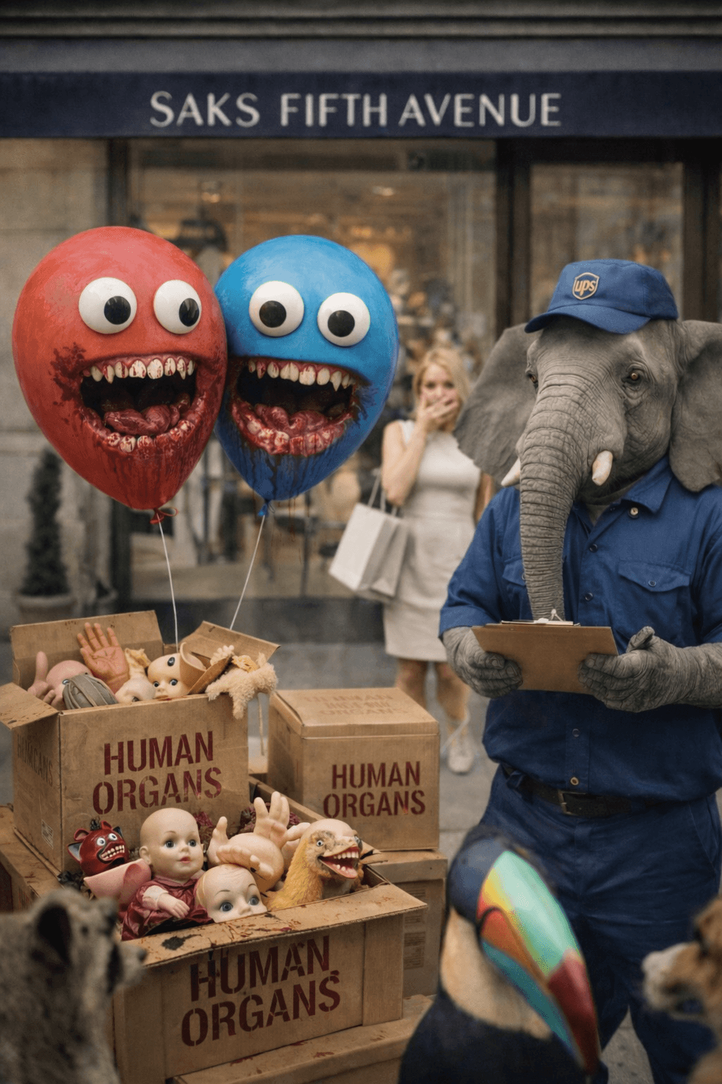 Elephant UPS driver delivers boxes labeled human organs.
