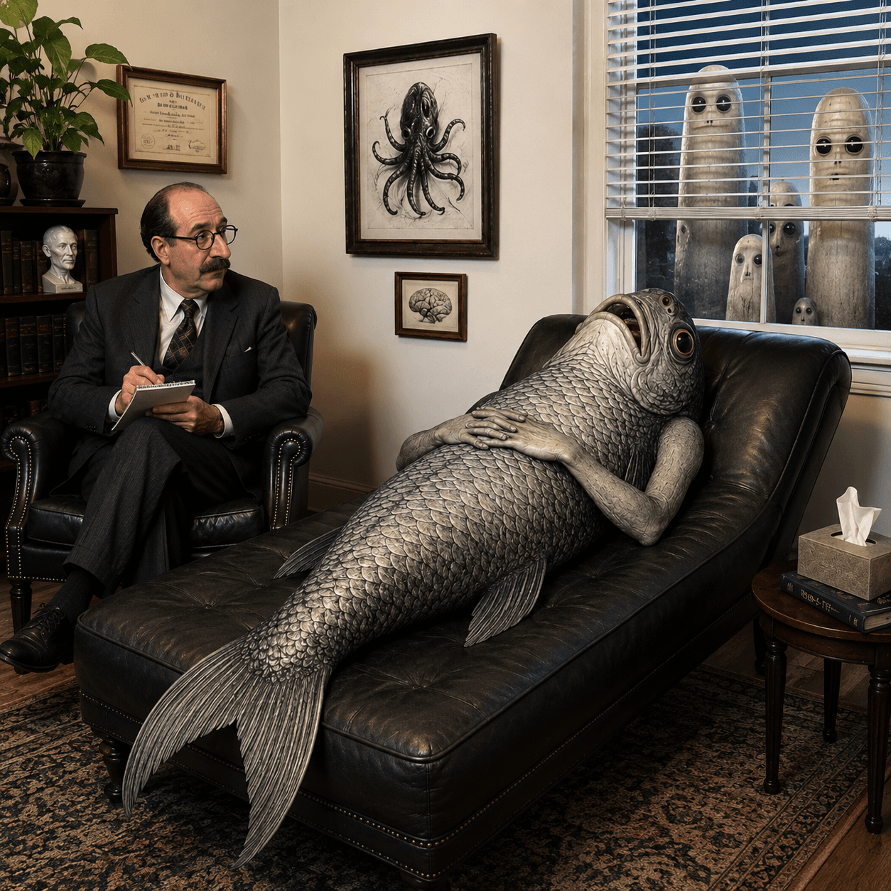 A fish creature lies on a therapist's couch being analyzed.