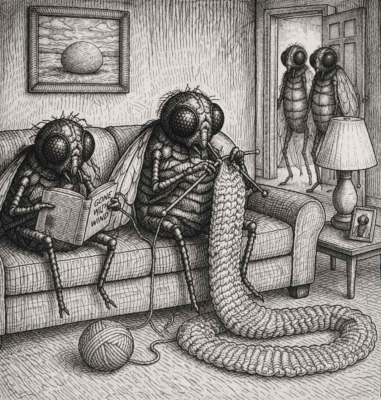 Anthropomorphic flies knit and read on a living room couch.