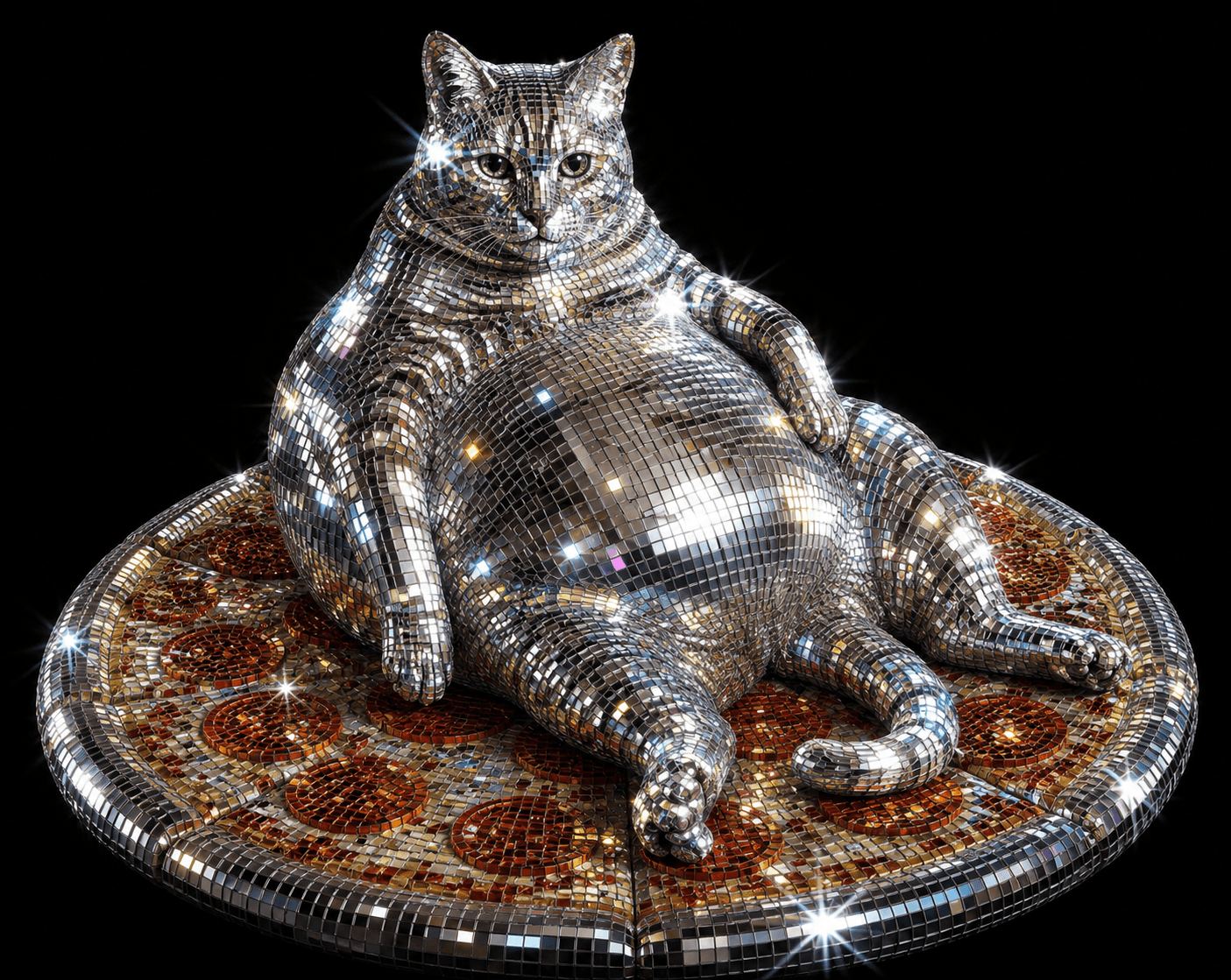 A chubby cat sculpture covered in mirror tiles.