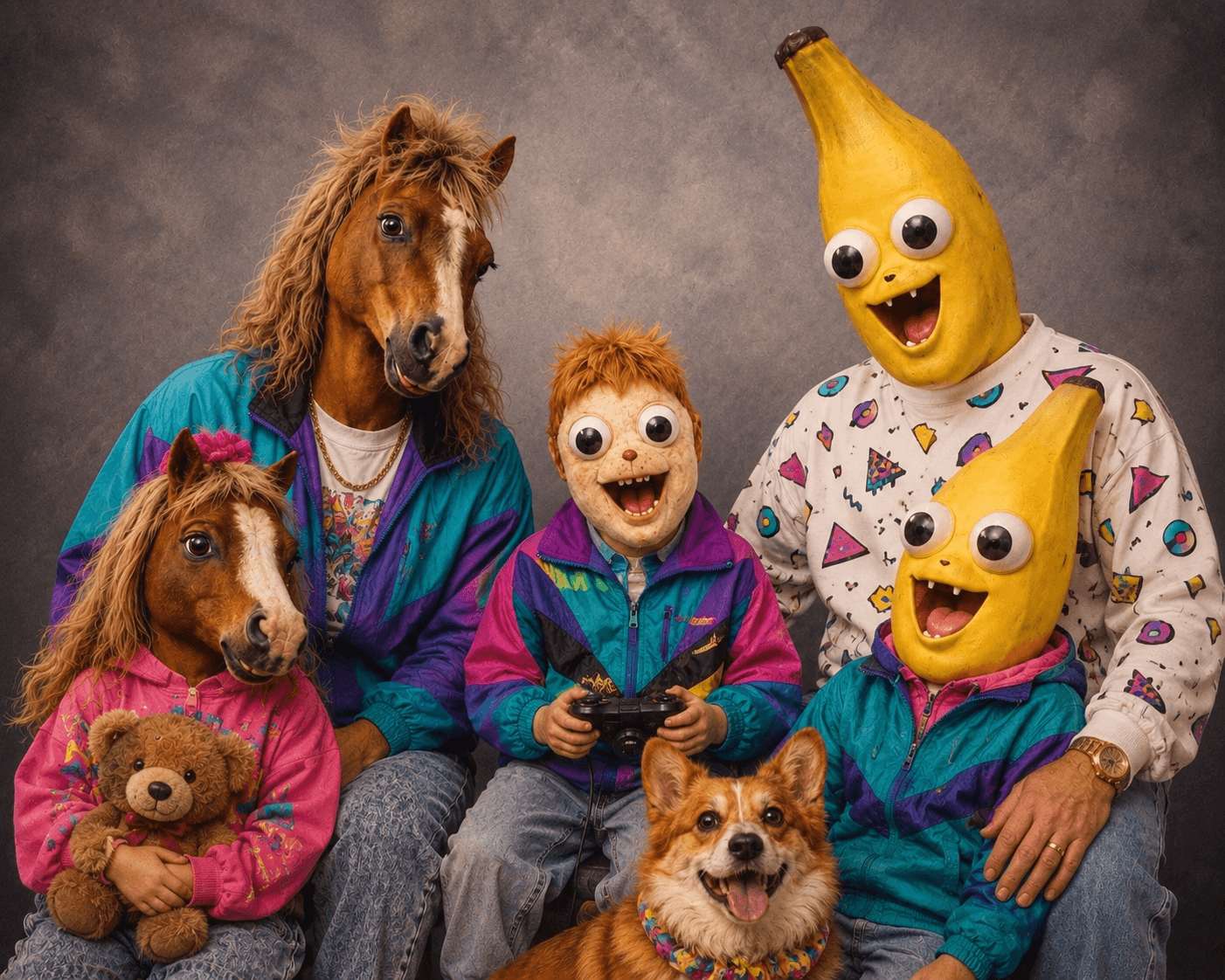 Five figures in 90s windbreakers, one adult wears a wedding ring.