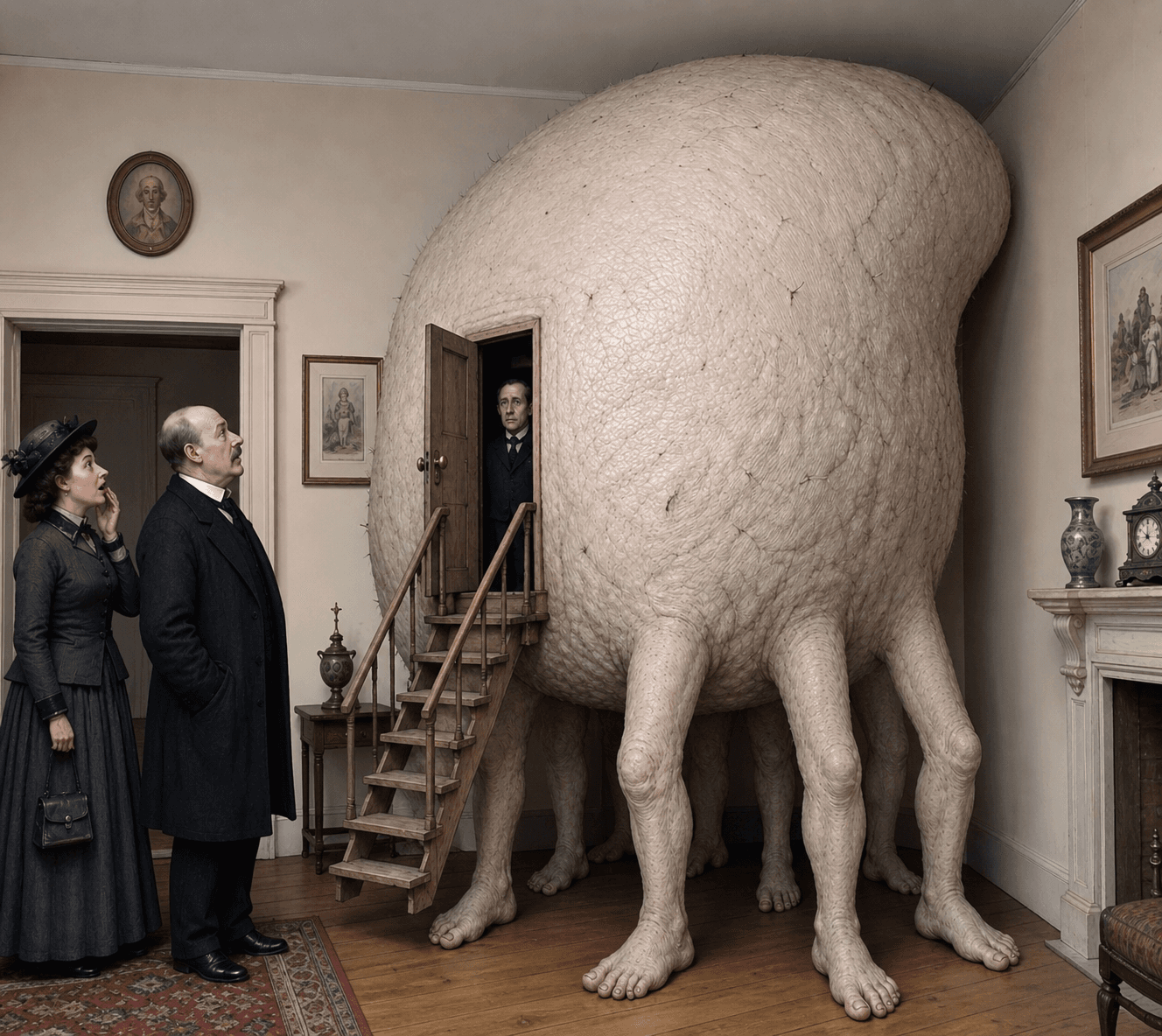 Giant egg-shaped pod on legs inside Victorian room.