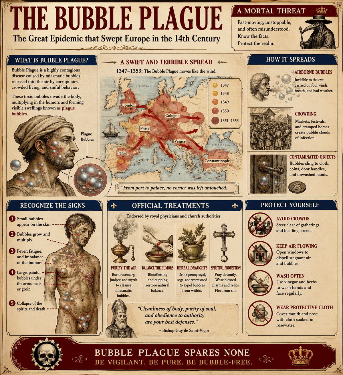 Medieval infographic detailing the Black Death plague spread.