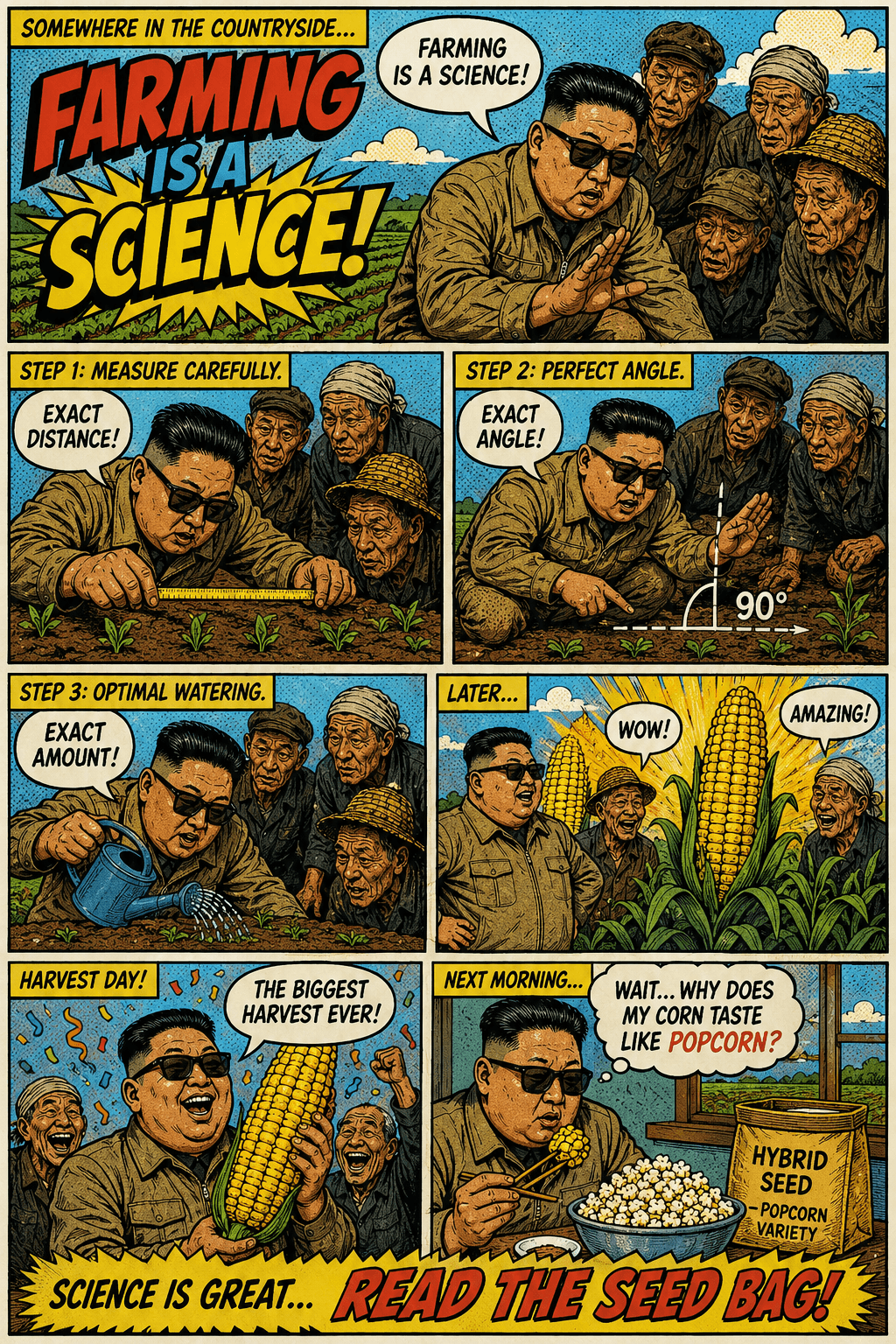 Comic strip shows leader teaching farmers precise corn cultivation.